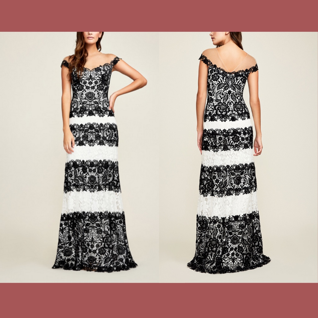Nwt $748 Tadashi Shoji Aubrianna Black/White Lace Gown In Black [ Sz 4 ]